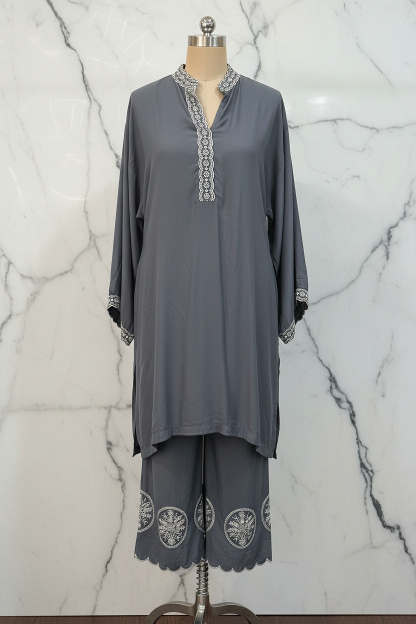 Grey Cross Stitch Loose Style Two Piece Set