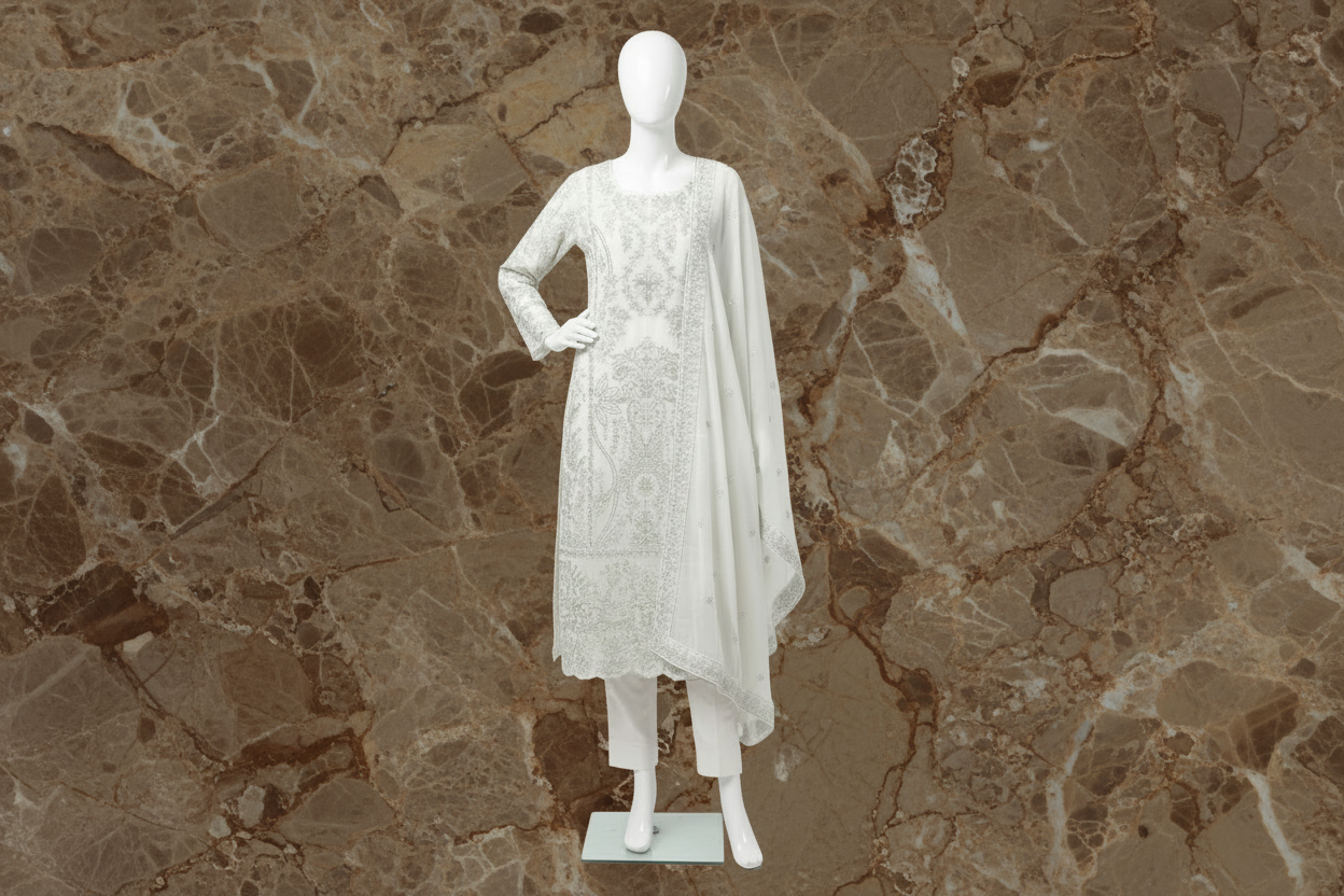 White Chiffon Heavy work 3-Piece