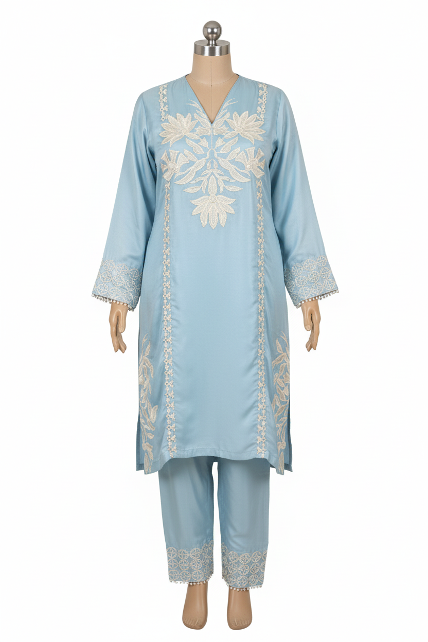 Light blue Korean silk suit with matching details