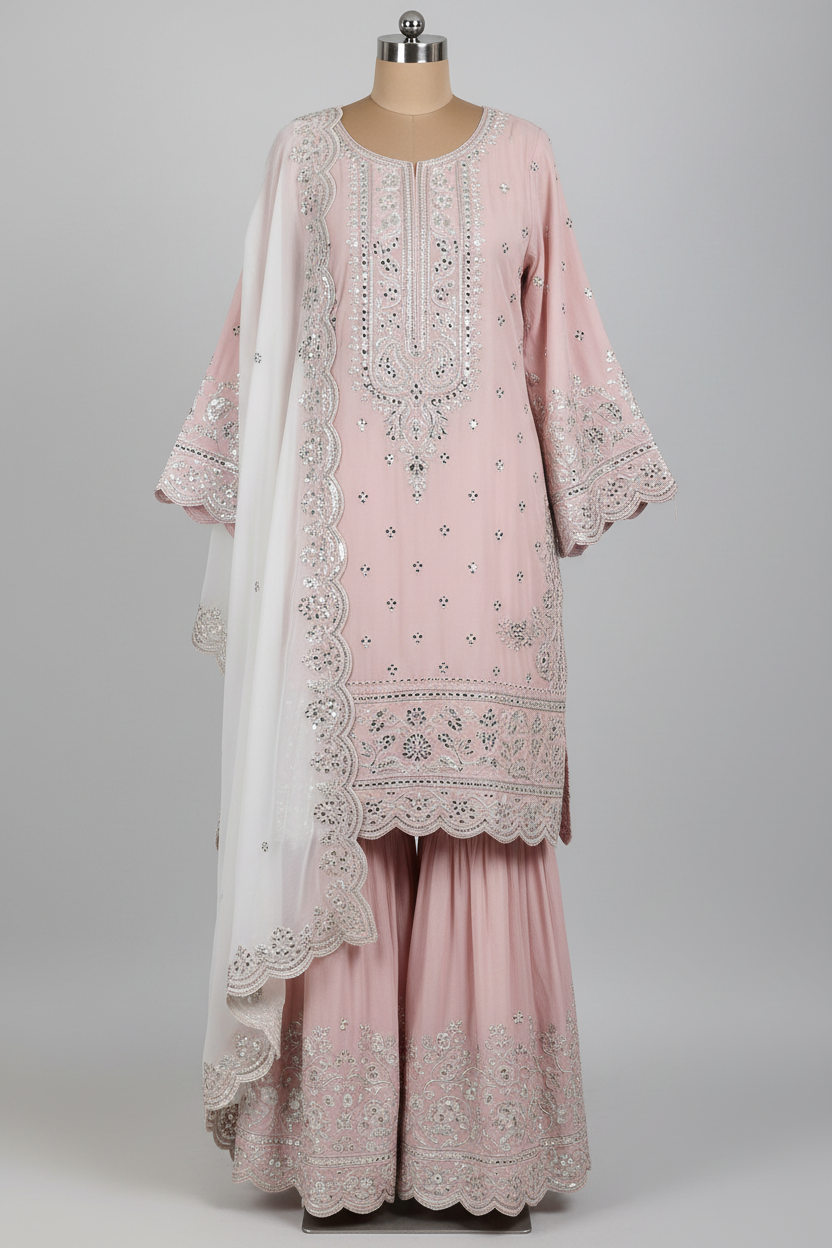 Light pink gharara suit with silver embroidery on mannequin