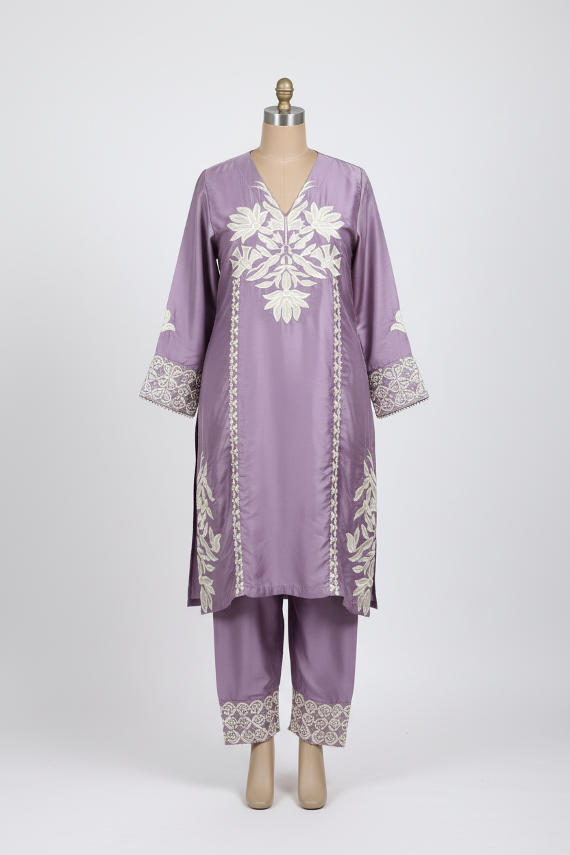 Lilac purple Korean silk suit with matching details