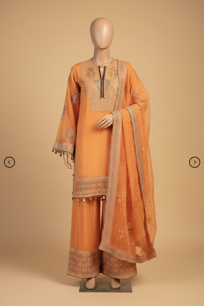 Meeral's Florence peach outfit on mannequin - no borders