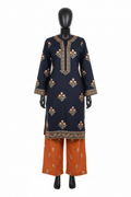 Navy blue and orange Urge Pret suit on mannequin