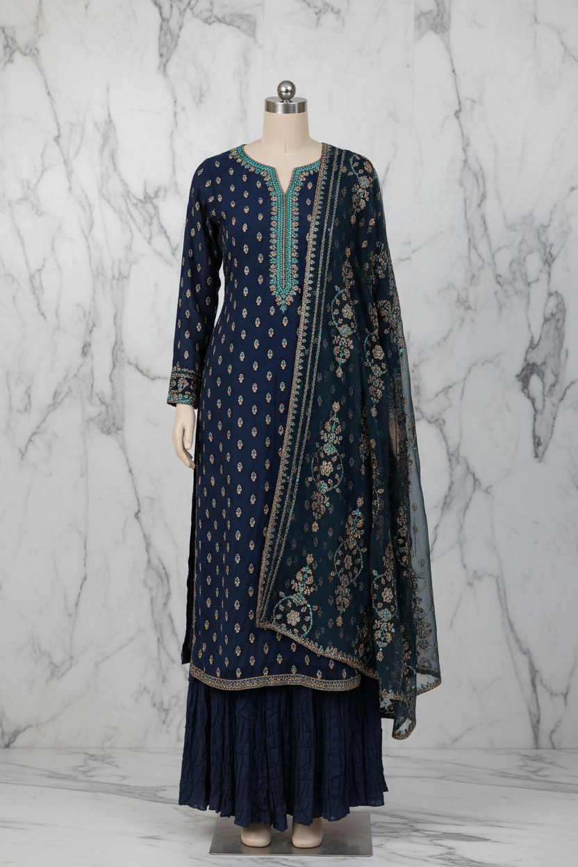 Navy blue embroidered three-piece suit with plain crushed sharara on marble background