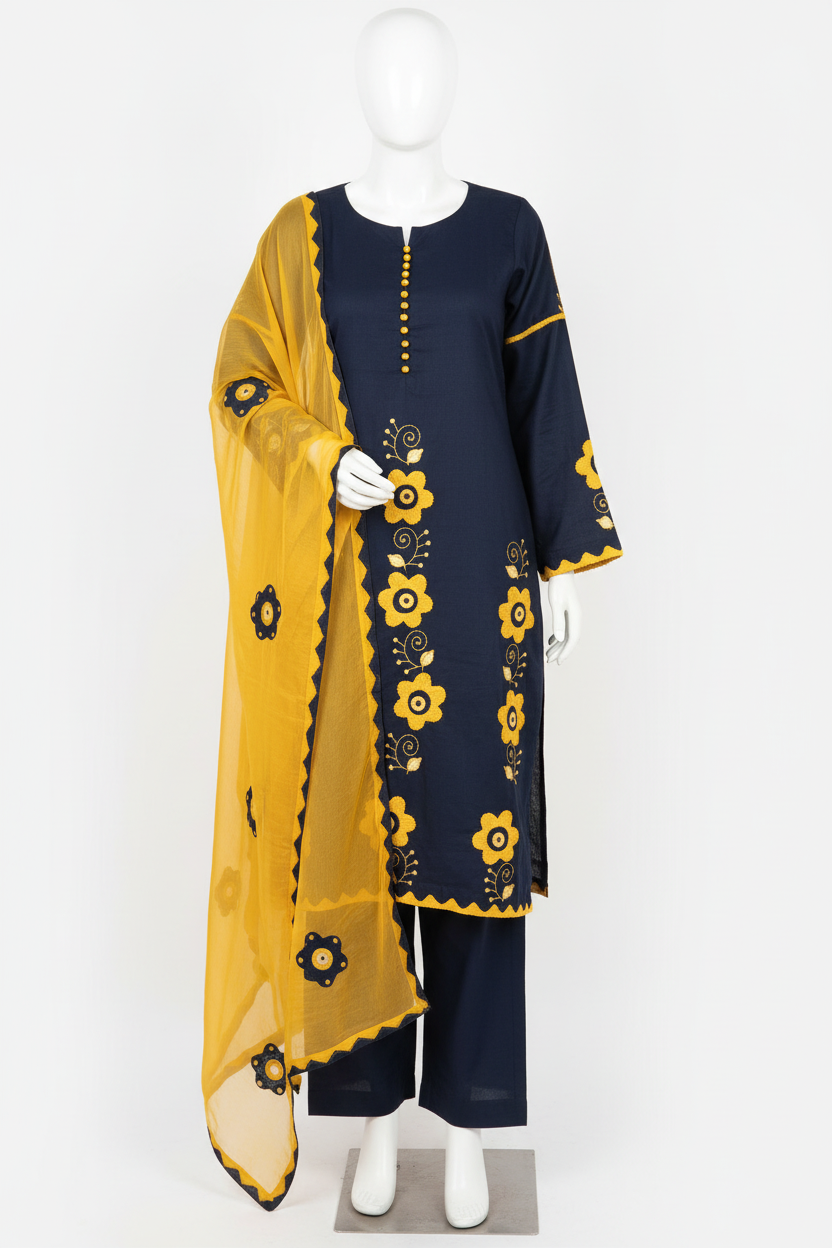 Navy blue lawn suit on mannequin