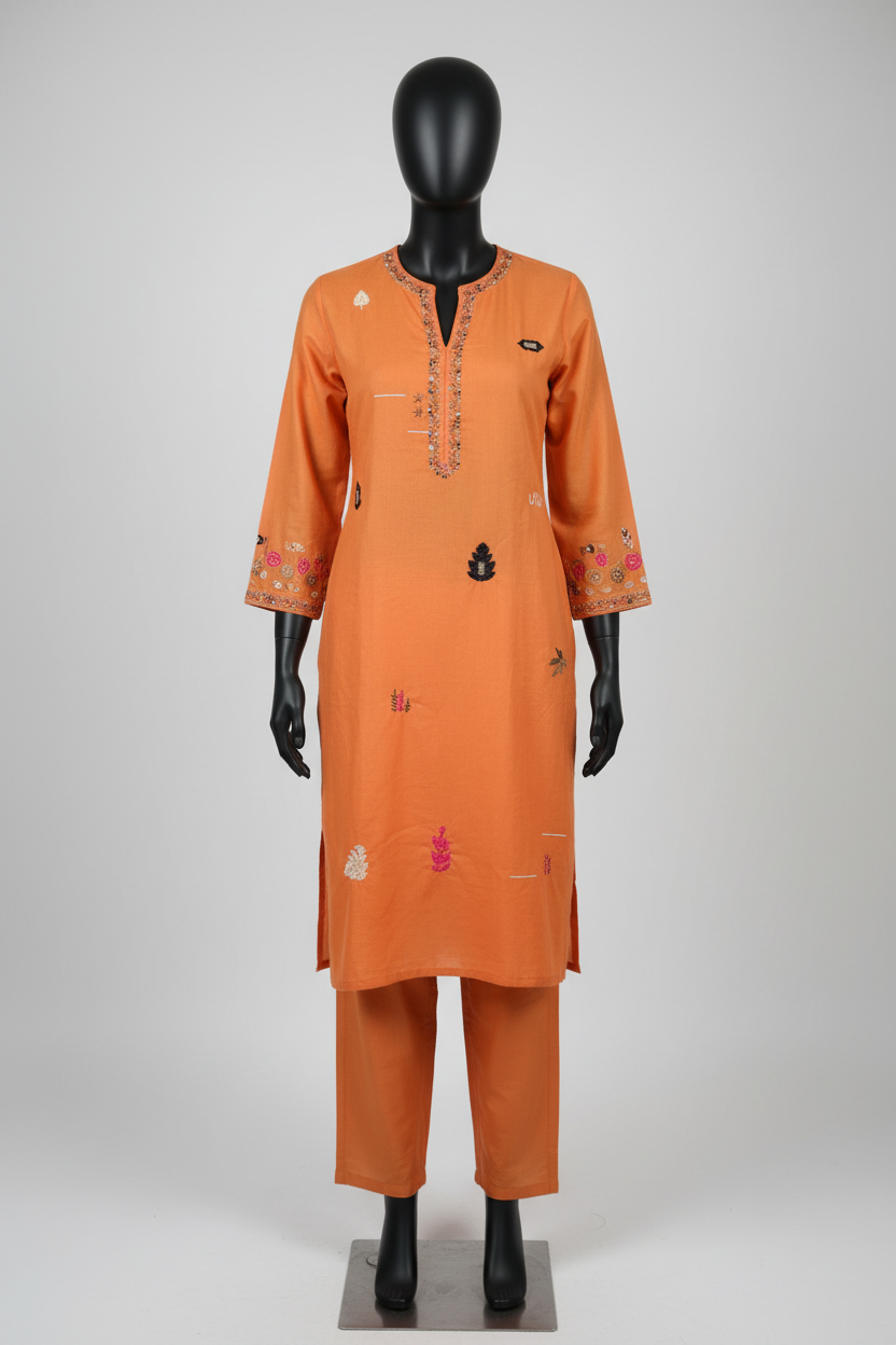 Orange embroidered kurta on mannequin