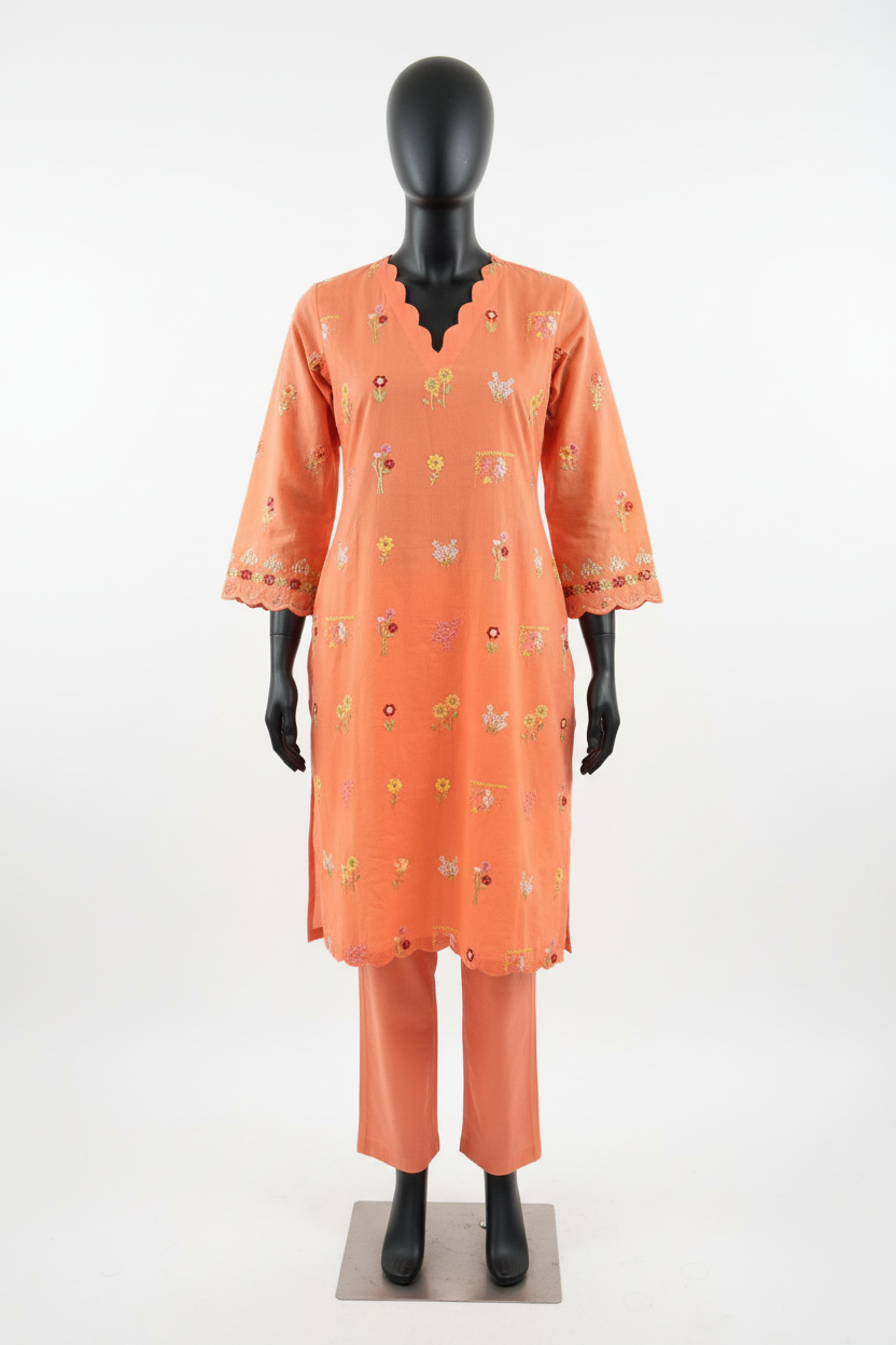 Peach embroidered kurta on mannequin