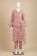 Pink embellished three-piece on mannequin