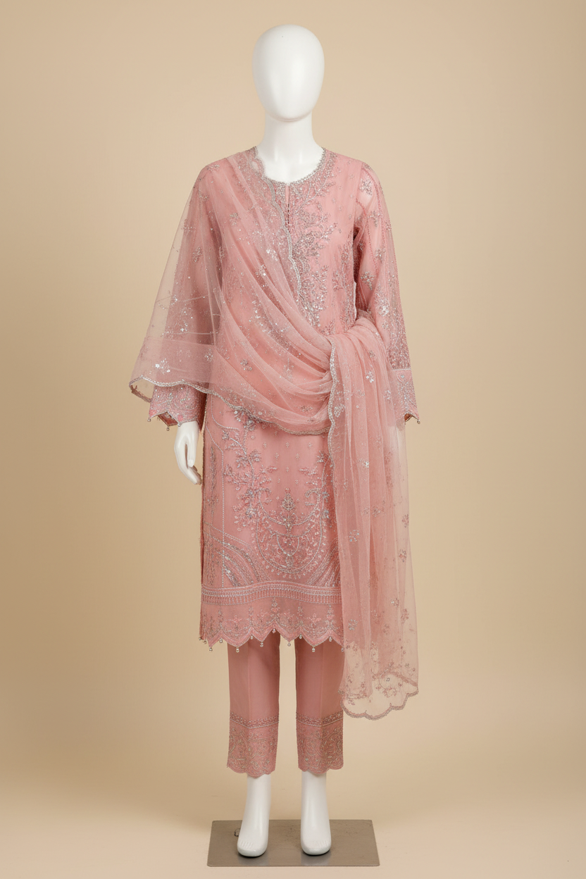 Pink embellished three-piece on mannequin