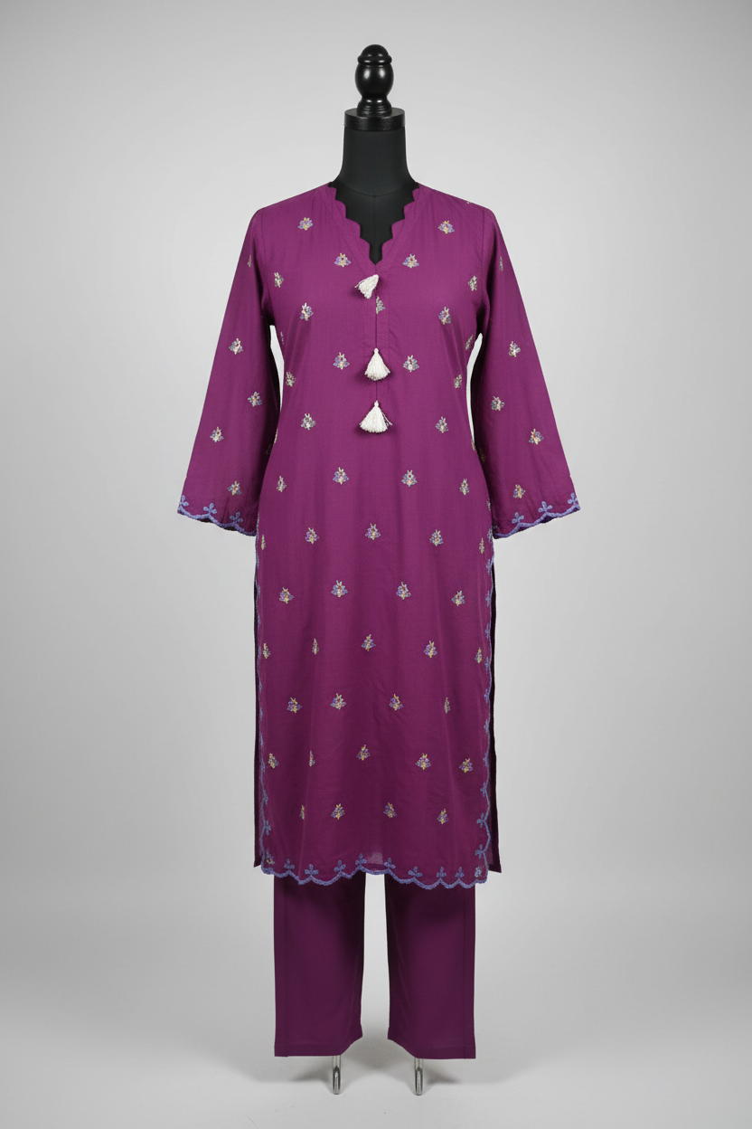 Purple embroidered kurta on mannequin