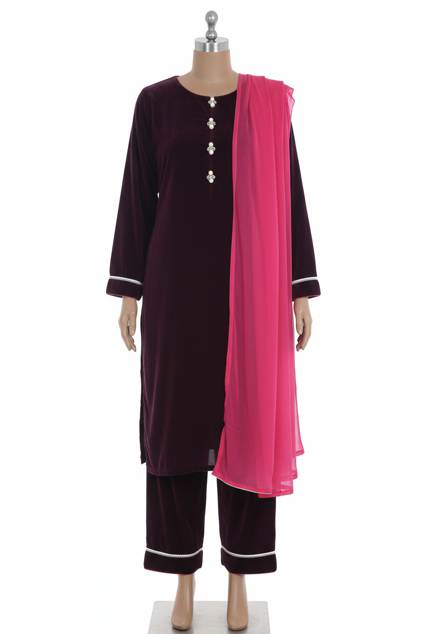 Purple velvet suit with shorter kurta