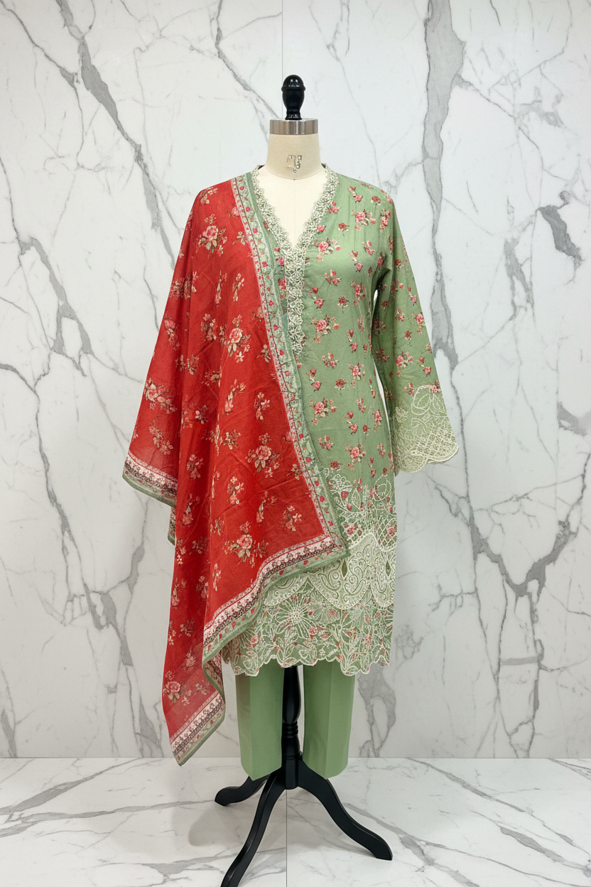 Sage green floral three-piece suit on marble background