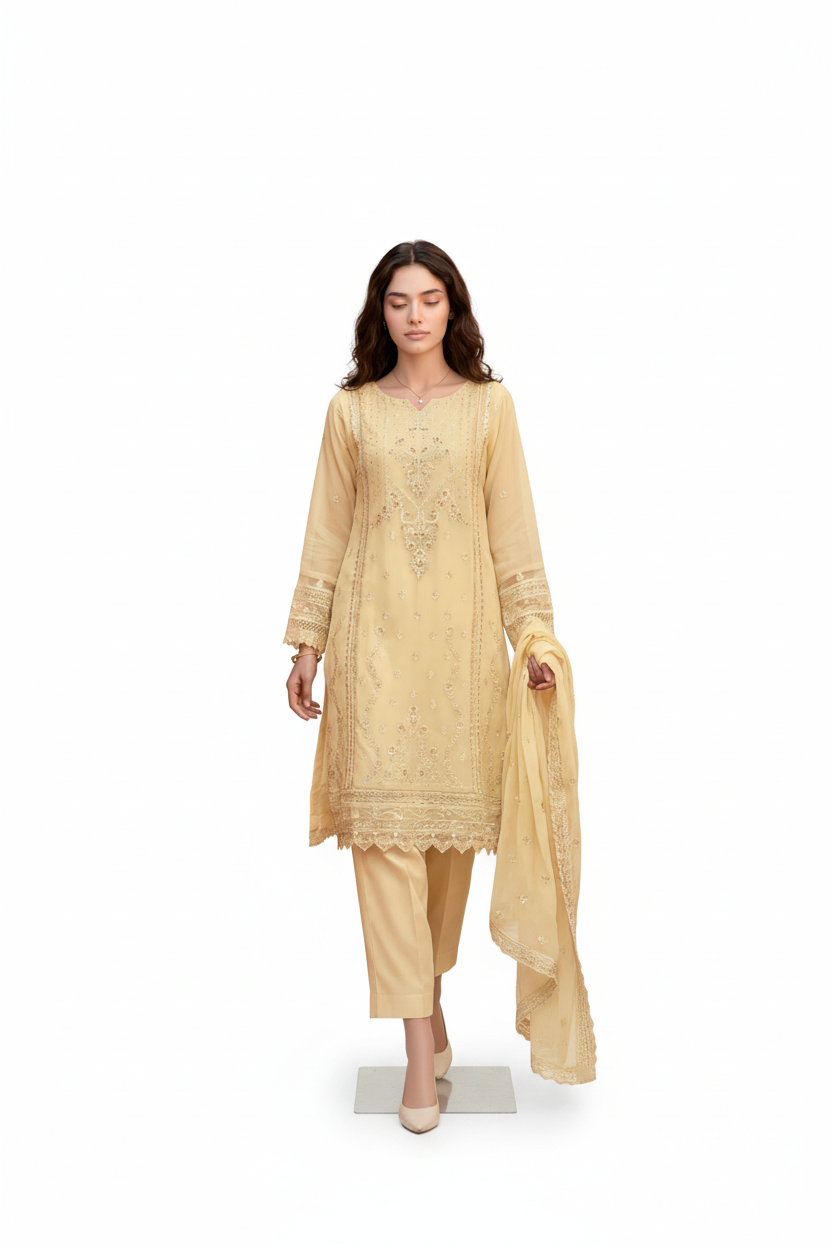 ZALINA - Soft Yellow Luxury Embroidered Chiffon 3-Piece