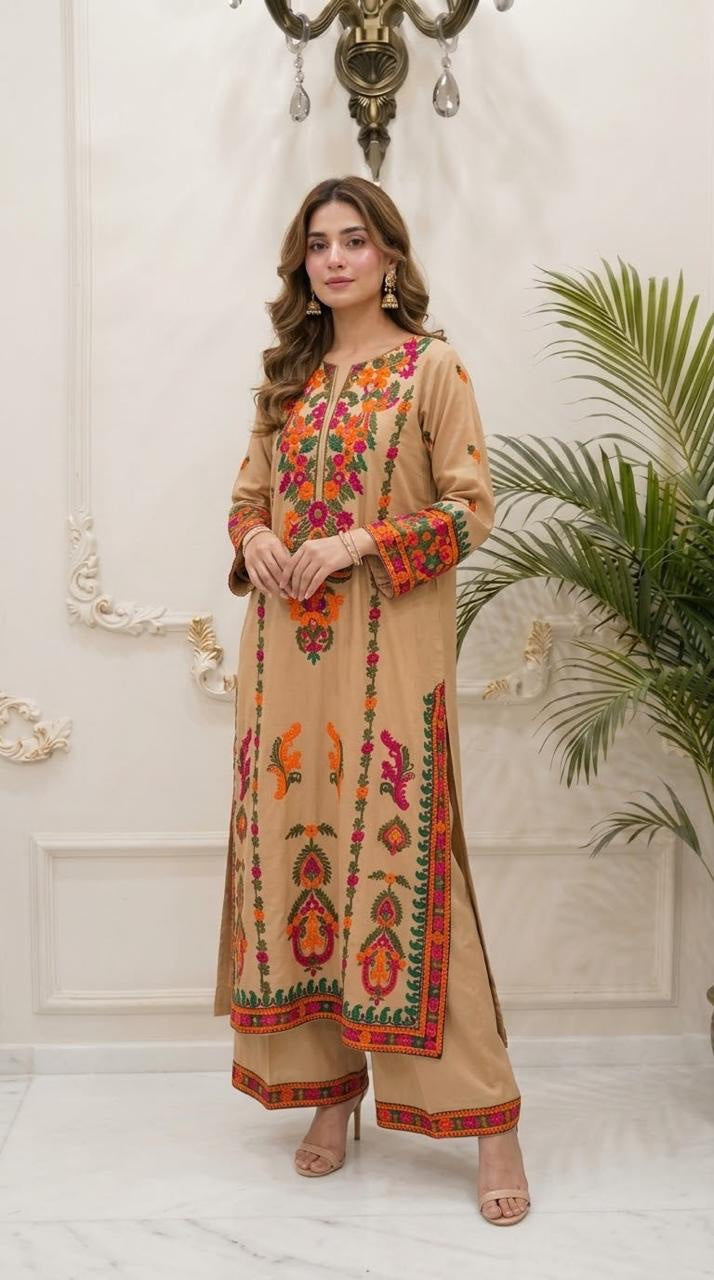 Aari Embroidered Boski Linen 2-Piece Set - Beige