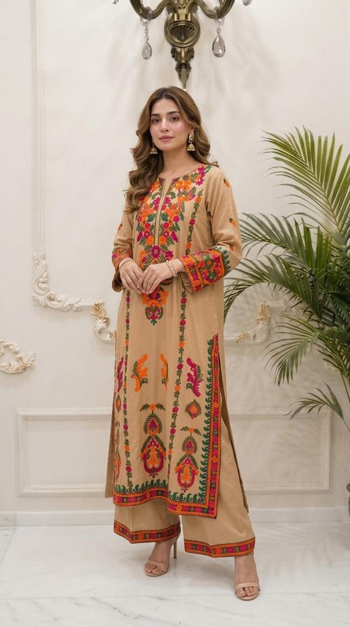 Aari Embroidered Boski Linen 2-Piece Set - Beige