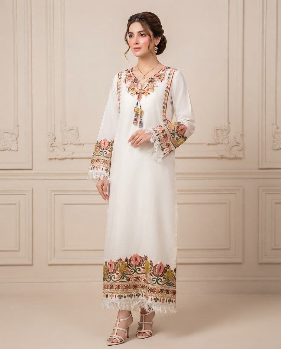 Ivory Pastel Aari Embroidered Boski Linen 2-Piece Set