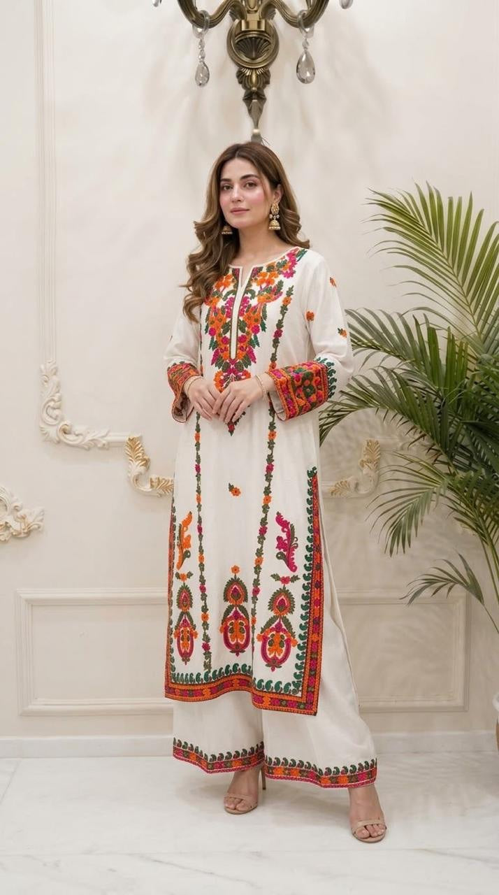 Aari Embroidered Boski Linen 2-Piece Set - Ivory White