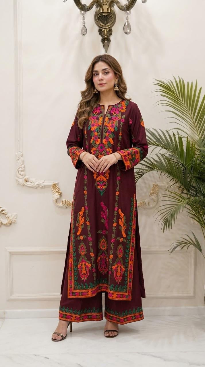 Aari Embroidered Boski Linen 2-Piece Set - Maroon