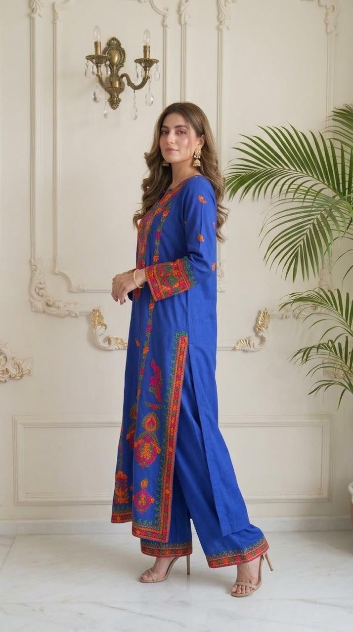 Aari Embroidered Boski Linen 2-Piece Set - Royal Blue, side view
