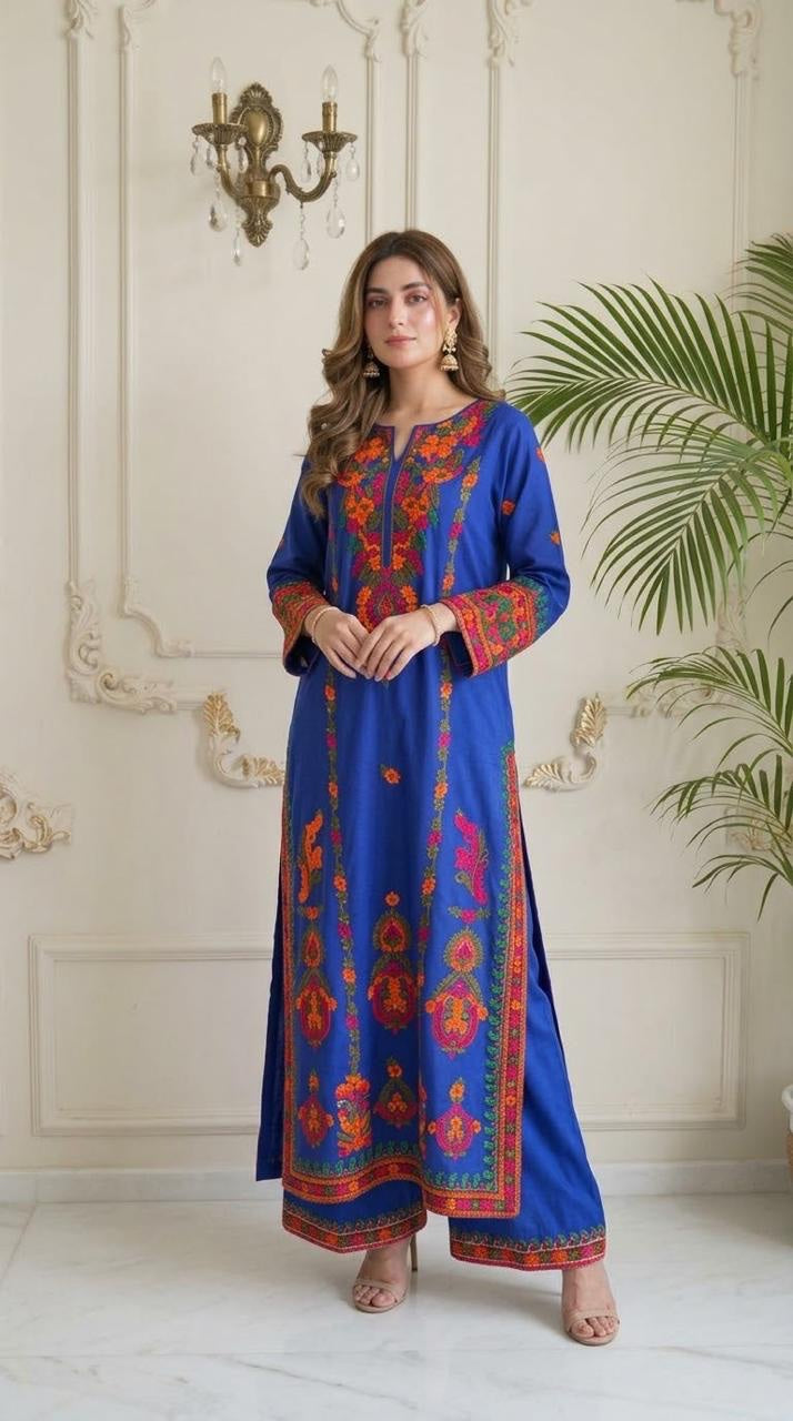 Aari Embroidered Boski Linen 2-Piece Set - Royal Blue