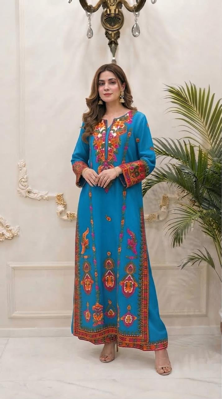 Aari Embroidered Boski Linen 2-Piece Set - Turquoise