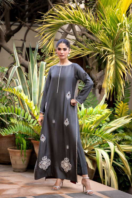 Aghaz by Azbia Ghazal Embroidered Suit - Grey, front