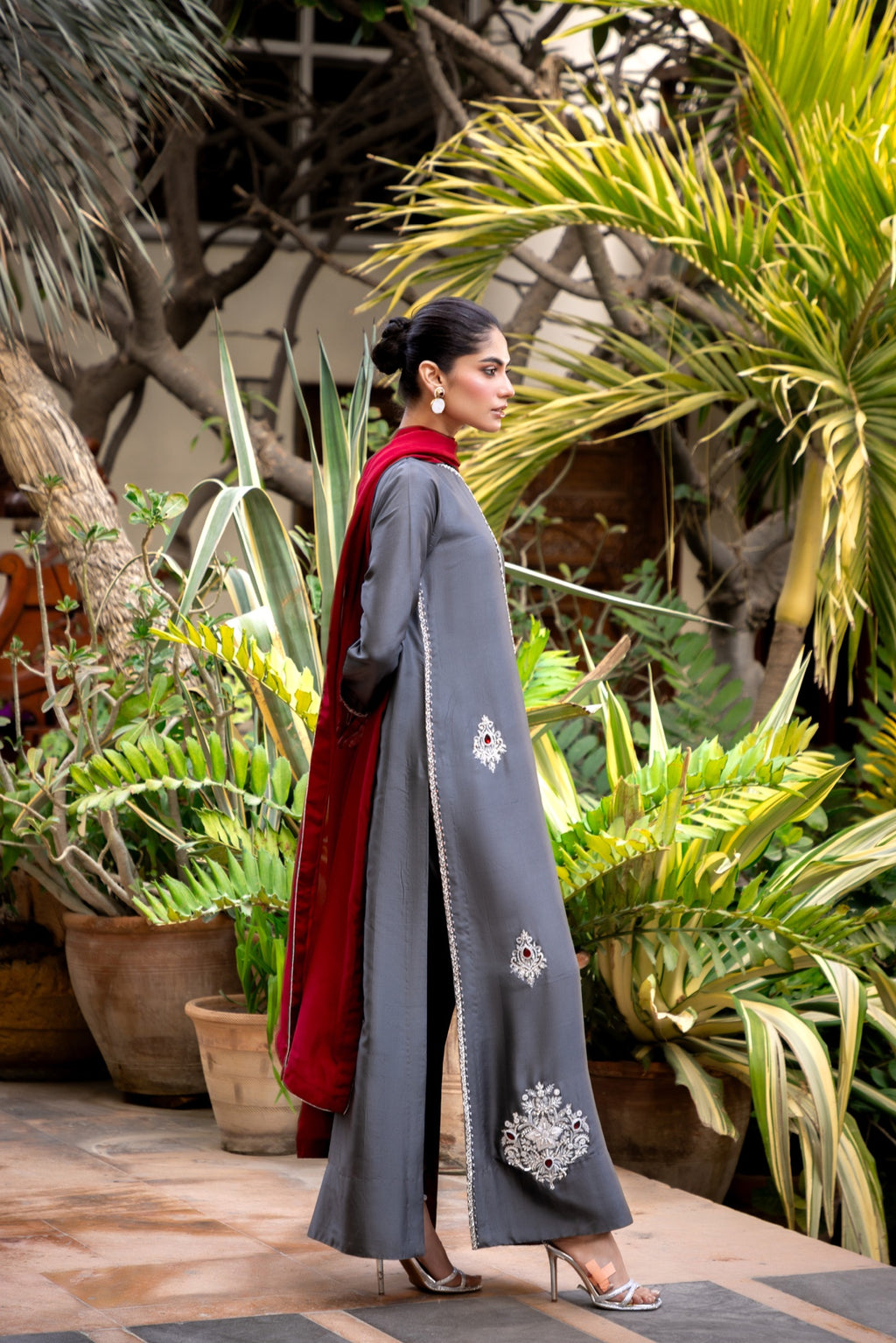 Aghaz by Azbia Ghazal Embroidered Suit - Grey, side