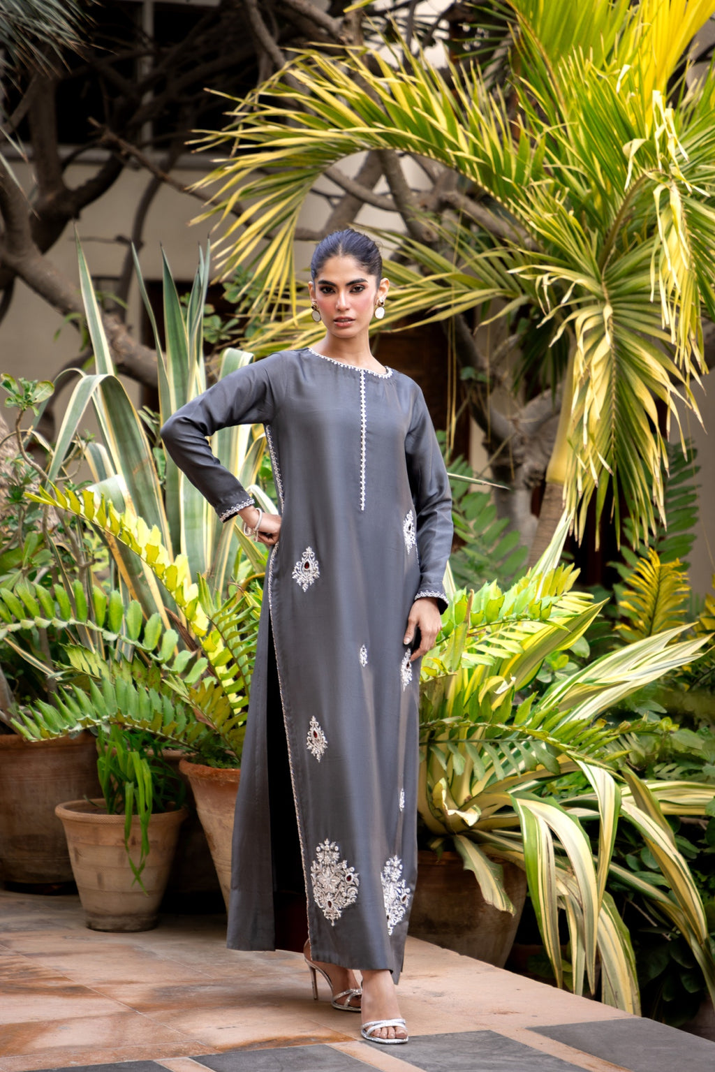 Aghaz by Azbia Ghazal Embroidered Suit - Grey, front