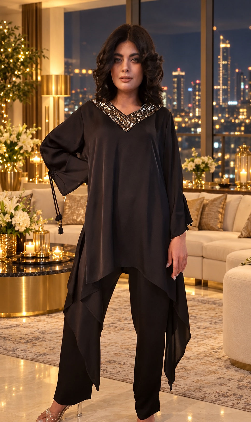 Black Sequin Asymmetric Coord Set - front