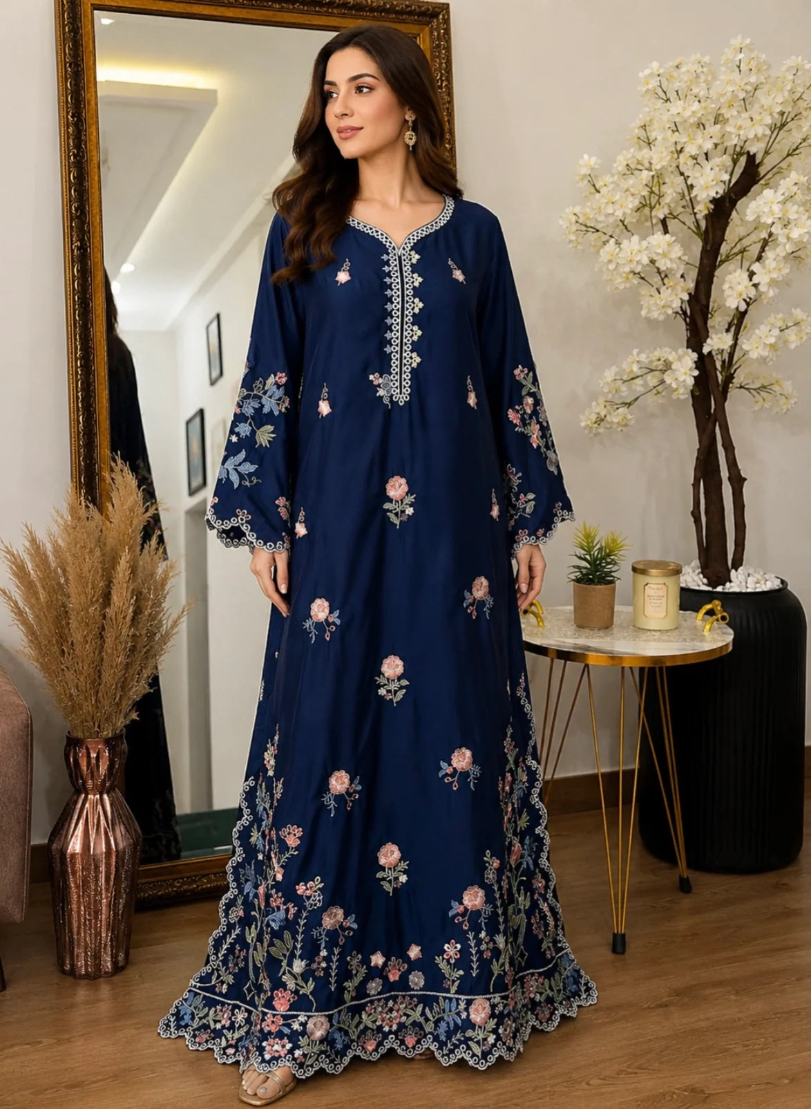 Navy blue kaftan 3-piece set - full length