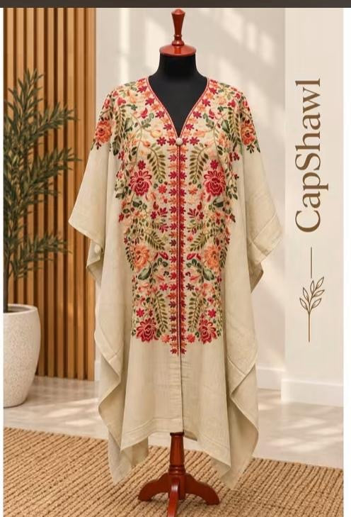 Embroidered Pashmina Cap Shawl - Beige