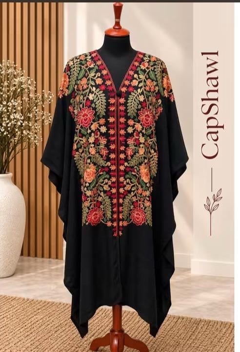 Embroidered Pashmina Cap Shawl - Black