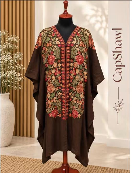 Embroidered Pashmina Cap Shawl - Chocolate Brown