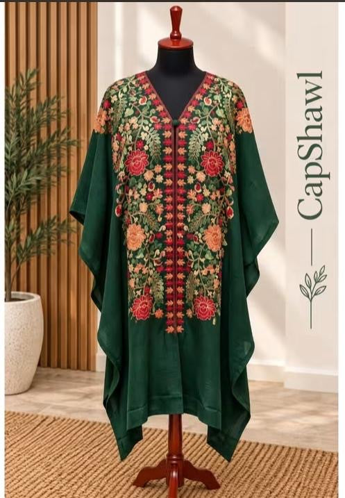 Embroidered Pashmina Cap Shawl - Dark Green