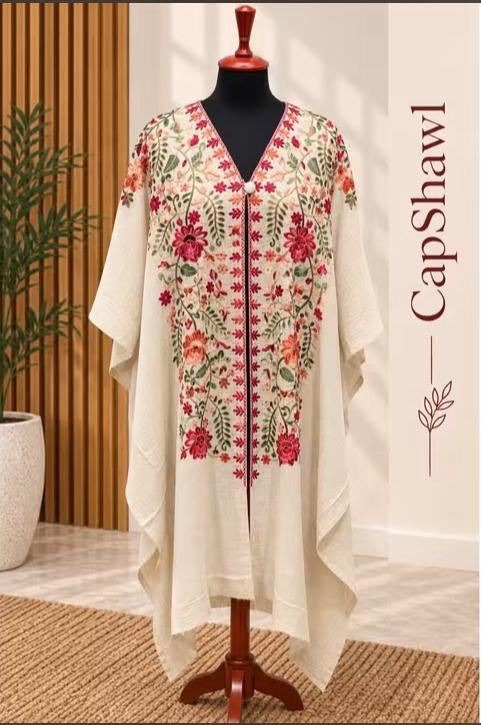 Embroidered Pashmina Cap Shawl - Ivory