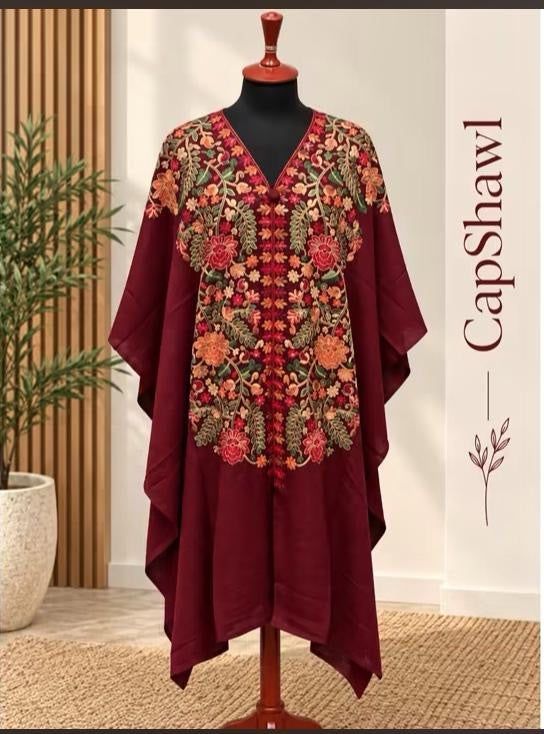 Embroidered Pashmina Cap Shawl - Maroon