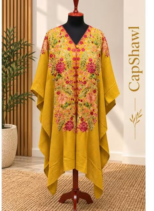 Embroidered Pashmina Cap Shawl - Mustard Yellow