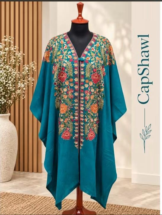 Embroidered Pashmina Cap Shawl - Teal