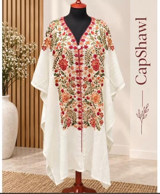 Embroidered Pashmina Cap Shawl - White