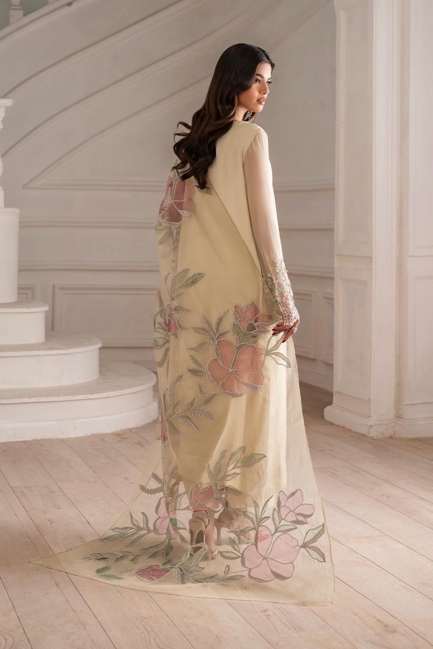 Cream Embellished Suit with Floral Dupatta, back and dupatta