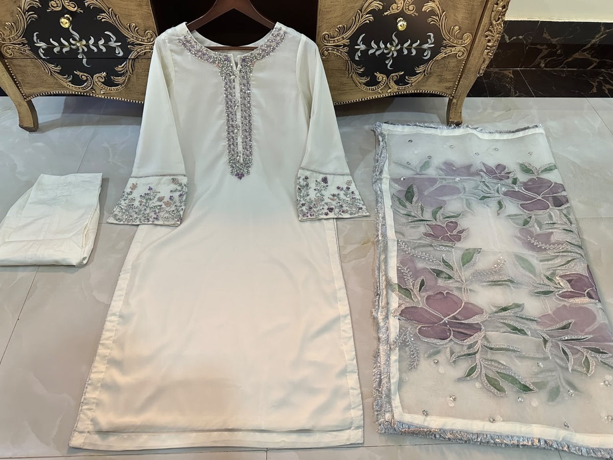 Cream Embellished Suit with Floral Dupatta, full set flat lay