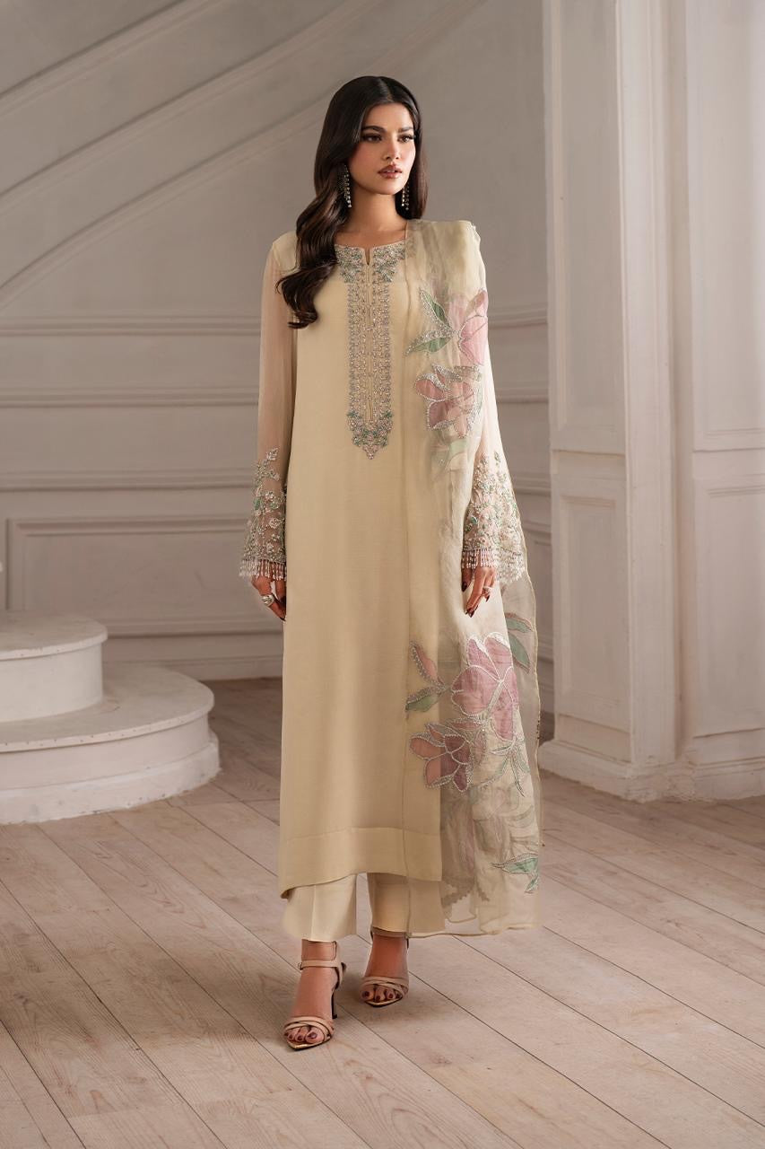 Cream Embellished Suit with Floral Dupatta, front