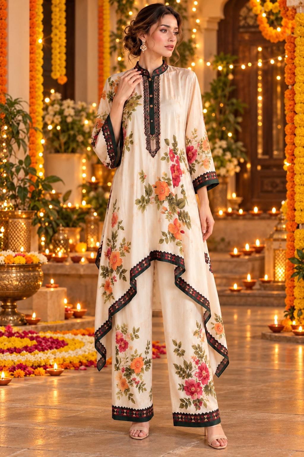 Cream Floral Asymmetric Coord Set - alternate view