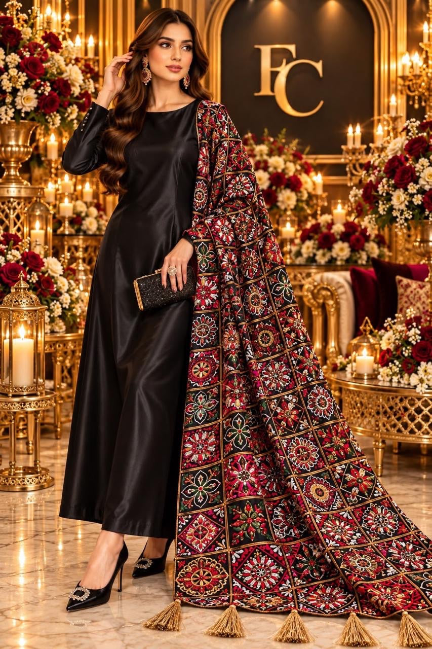 Red and black floral grid shawl with tassels, worn