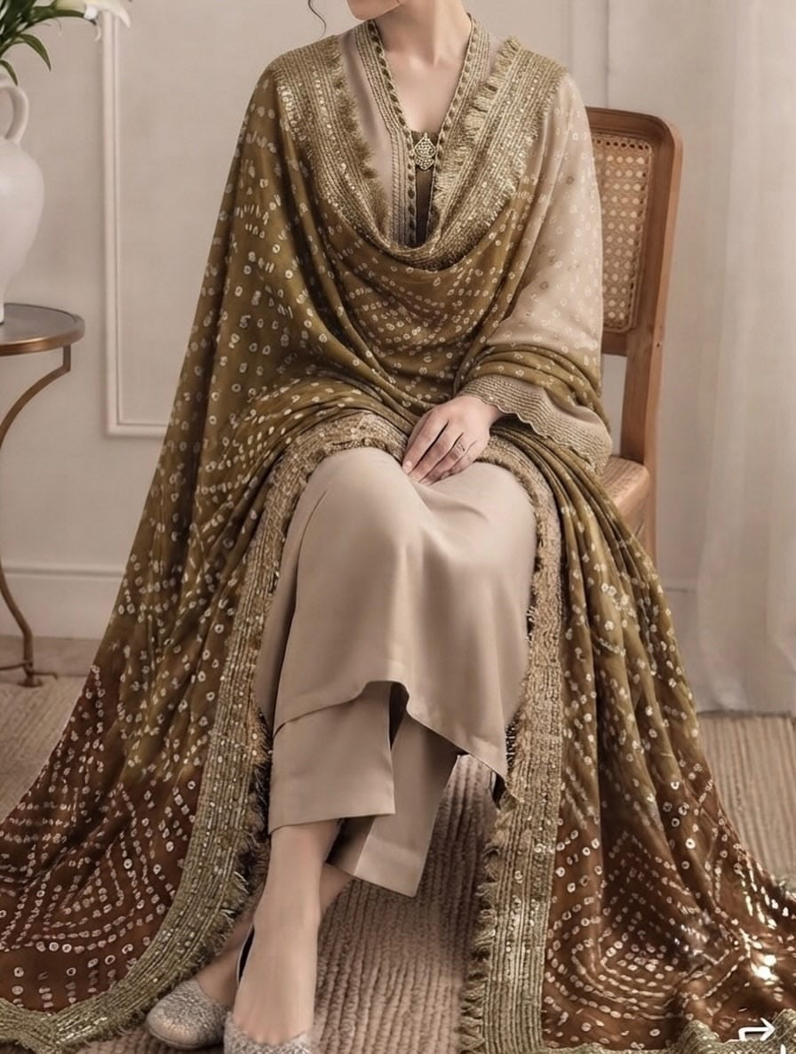 Silk suit with chunri dupatta, beige and olive gold