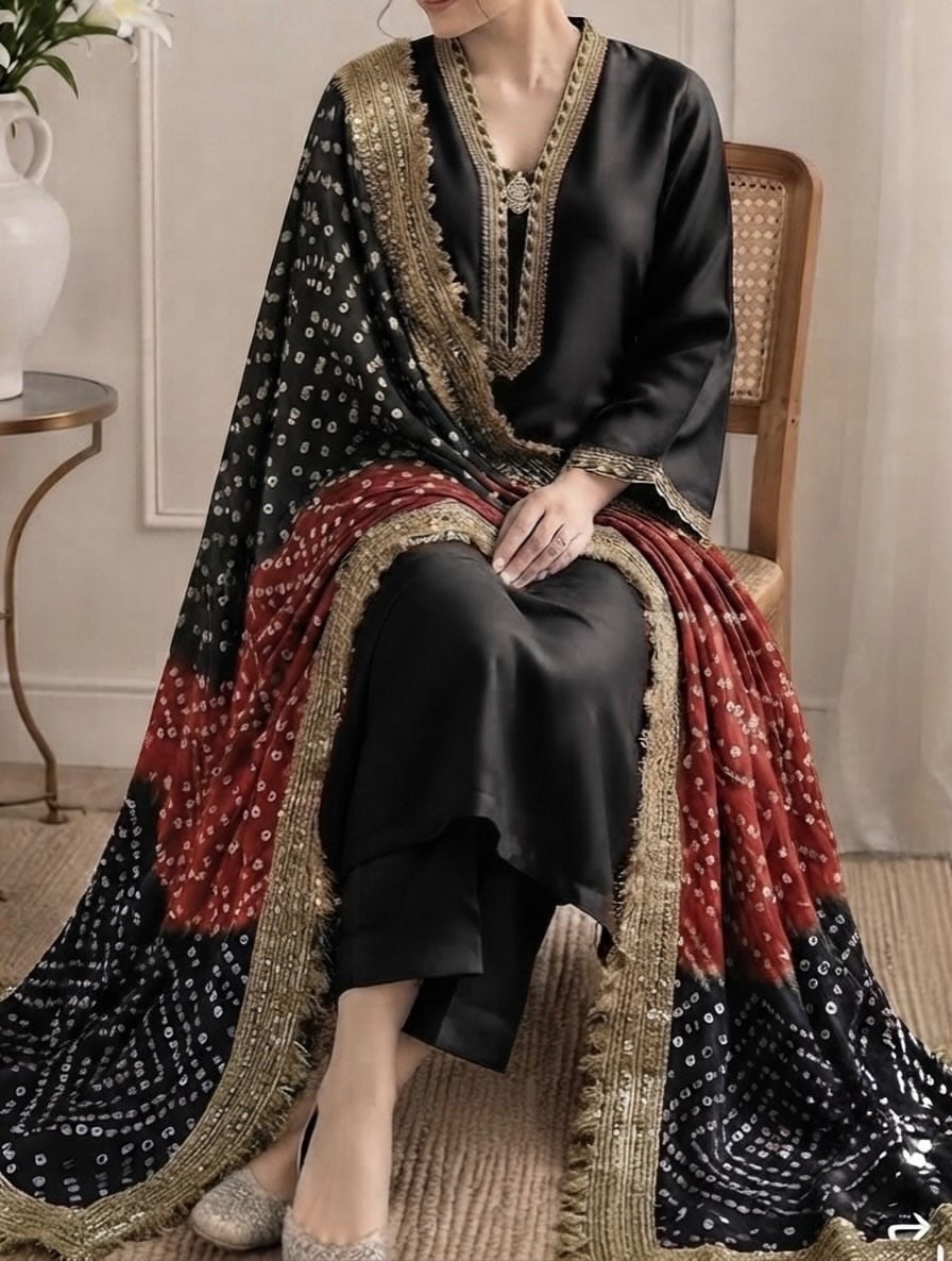 Silk suit with chunri dupatta, black and red