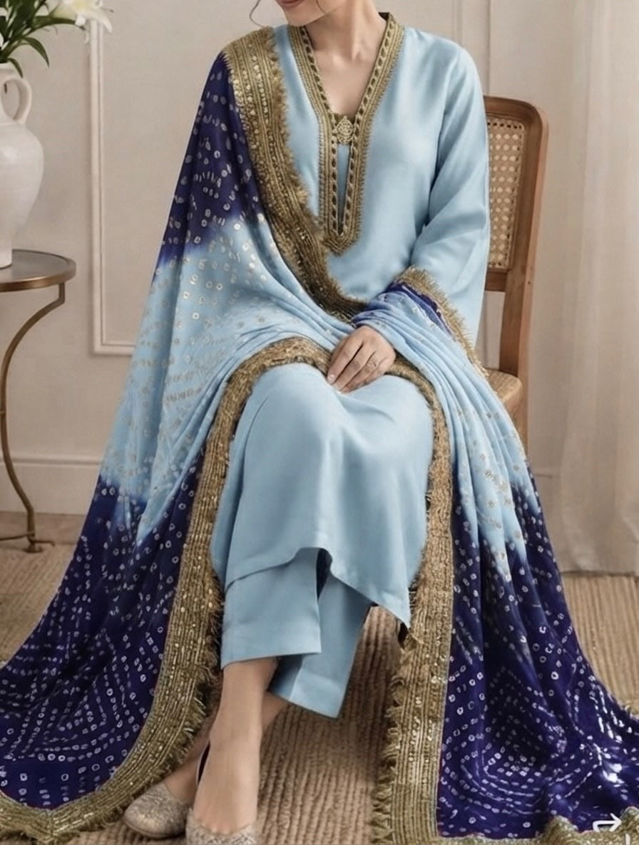 Silk suit with chunri dupatta, sky blue and navy