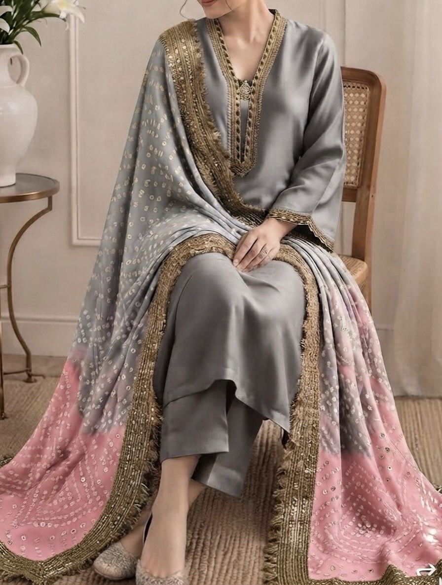 Silk suit with chunri dupatta, grey and pink
