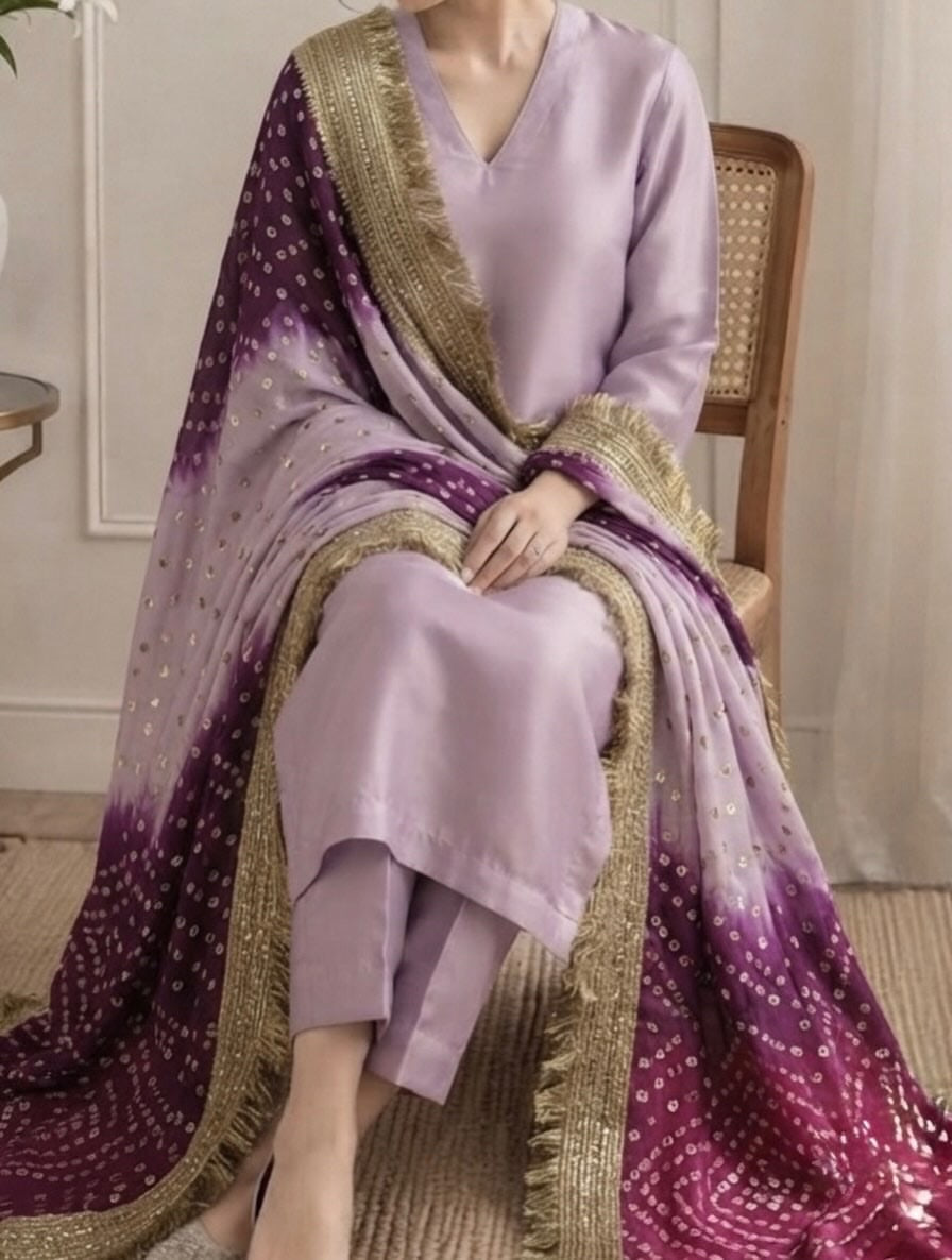 Silk suit with chunri dupatta, lilac and purple