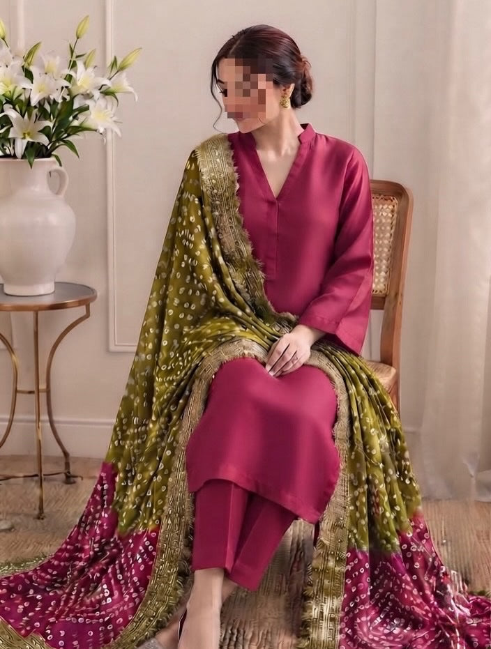 Silk suit with chunri dupatta, magenta and olive